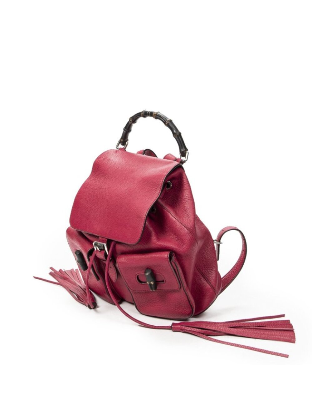 Gucci Bamboo Backpack Tassel Fuchsia Pink Gray Calfskin Leather - Picture 2 of 10